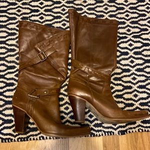 Brown Leather Slouchy Boot w/Stacked Heel